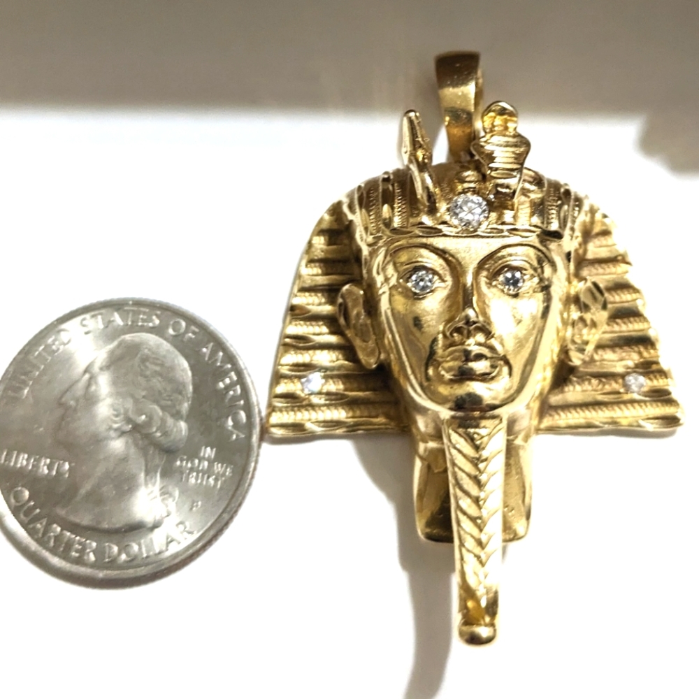 14k 17 Grams Solid Gold King Tut Pendant. Diamond Accents. Vintage